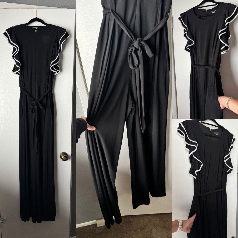 Tommy Hilfiger Black Jumpsuit with Pockets, Ruffled Sleeve Romper with Belt